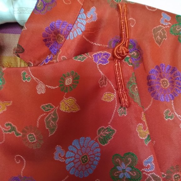 Asian-style Orangey-Red Dress with Multi-color Flowers - Picture 4 of 6